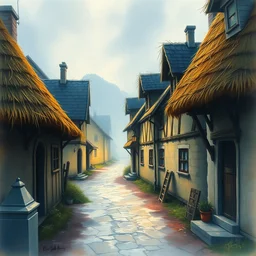 watercolor painting of rustic village street, straw roof, scandinavian mythology, ambient lighting and shadows, fog, art by hans dahl, by jesper ejsing, art by anders zorn, wonderful masterpiece by greg rutkowski, cinematic light, american romanticism by greg manchess, creation by tyler edlin