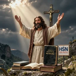 Photo of Jesus Christ enthusiastically selling bibles and crosses on TV HSN Home Shopping Network