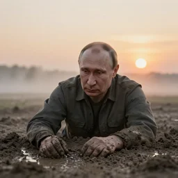 putin in mud, foggy, sunset