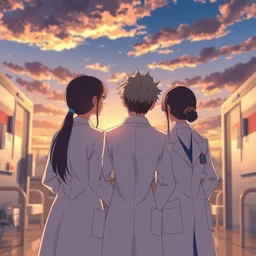 a poster of three doctors wearing white coat, elegant, cheering up, looking at sunrise, hospital ward, slice of life anime, cinematic, realistic, anime scenery by makoto shinkai