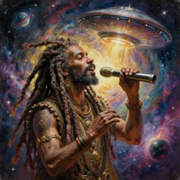 a high hyper detailed painting with many complex textures of man with long dreadlocks making music in the cosmos, cosmic surreal psychedelic magic realism spiritual ufo art
