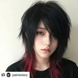a pale emo girl with medium messy black hair, a red streak, soft facial features, bangs covering one eye, instagram picture