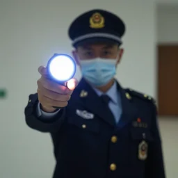 government agent flashing the camera with a brightly lit memory wipe device