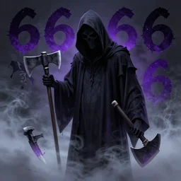 matte painting of grim reaper, detailed, vhscore, smoke, fog, mist, japanese kanji, 6 6 6, triplesix, purple, drugcore, drift, sinister, knives, hatchet, axe, serial killer