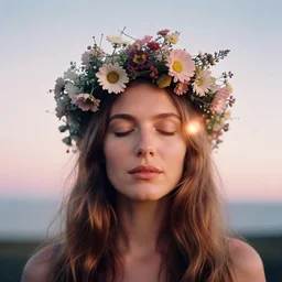 A analog head and shoulder frontal portrait photography of a woman wearing an intricate crown full of small flowers by Annie Leibovitz. Long hair. eyes closed. soft gradient pastel color background. Kodak Color Plus 400 film. Icelandic mood. detailed. hq. realistic. Rembrandt light style. warm light. muted colors. lens flare. photoreal. Bloom and glare. Leica M9.