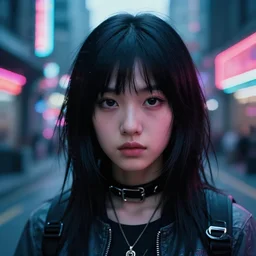 A hyper realistic and detailed head portrait photography of raven-hair nerd, youthful female in futuristic clothing on a futuristic street. by Annie Leibovitz. Neo noir style. Cinematic. neon lights glow in the background. Cinestill 800T film. Lens flare. Helios 44m