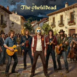 Band members of The Grateful Dead in a Spanish village, painted by Francisco de Goya, oil painting, dramatic crowd