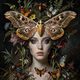 realistic detailed face portrait of the beutiful and young death's head hawk moth queen with an intricate headdress of butterflies and bugs, plants and flowers, art by ernst haeckel, zdzisław beksinski, hieronymus bosch, gothic, neo - gothic, ornamental, beautiful deep colours,