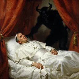 the pope wakes up is his bed, sweating, nervous and terrified, a double horned shadow demon lurks in the curtains of the papal bedroom. highly detailed painting by gaston bussiere, j. c. leyendecker, greg rutkowski, craig mullins 8 k