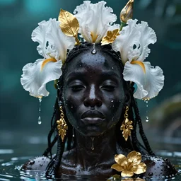 hyperrealistic post - classical cinematic very expressive! black oshun goddess with white! iris, body in water, mirror dripping droplet!, gold flowers, highly detailed face, digital art masterpiece, smooth robert steven connett eric zener dramatic teal light, ground angle uhd 8 k, sharp focus