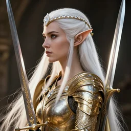 a detailed portrait of the queen of the elves profile view with white diamond headband and armor in golden and silver colors and a curve long sword, strong, pointy small ears, full body, white long hair, detailed face, epic masterpiece of cinematographic hyperrealism, realistic shaded lighting poster by craig mallismo, artgerm, jeremy lipkin and michael garmash, unreal engine, radiant