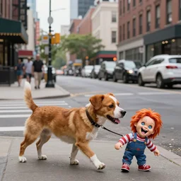a dog walking a screaming chucky doll on a inner city urban street set in the late 2 1 2 2 one hundred years of agi, caricature styling by jack davis