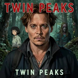 Twin Peaks poster artwork by Michael Whelan and Tomer Hanuka, Rendering of portrait of Johnny Depp's nightmares from scene from Twin Peaks, full of details, by Makoto Shinkai and thomas kinkade, Matte painting, trending on artstation and unreal engine