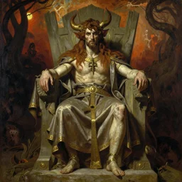 greg davies sits on his throne as ruler of hell, oil on canvas, by alphonse mucha, gustave dore, zdzislaw beksinski