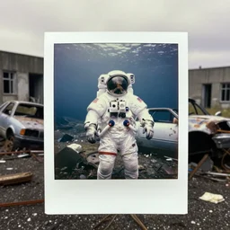 faded photographs of american white spacesuit chubby astronaut in postapocalyptic abandoned destroyed deep sea, wrecked buildings, destroyed flipped wrecked cars, underwater polaroid photo, vintage, 1 9 8 5, neutral colors, rainy day, by shawn heinrichs