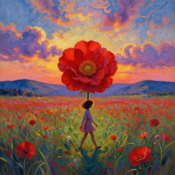 big red flower afro, full body, girl walking in the middle of a field with flowers, surreal photography, hills, sunrise dramatic light, impressionist painting, colorful clouds, digital painting, pointillism, artstation, simon stalenhag