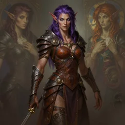 Alluring Tiefling Druid, wearing leather armor light  brown skin, dark purple hair, and silver eyes full body, dungeons and dragons portrait, highly detailed, digital painting, artstation, concept art, sharp focus, illustration, art by artgerm and greg rutkowski and alphonse mucha