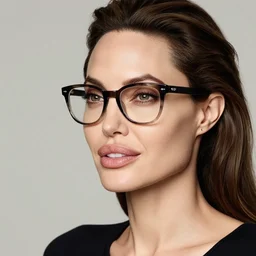 Photo of Angelina Jolie wearing Warby Parker glasses, soft studio lighting, photo taken by Martin Schoeller for Abercrombie and Fitch, award-winning photo, 24mm f/1.4