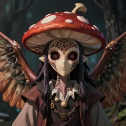 4K headshot of mothman with a mushroom hat and rouch clothes with giant wings , intricate face , flawless anime cel animation ,psychedelic , highly detailed upper body , professionally post-processed , beautiful, scary, symmetry accurate features, epic, octane rendered, anime masterpiece, accurate