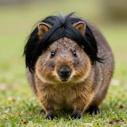 black hair wig on a quokka wearing a black hair wig, wig!! animal-wearing-wig!!