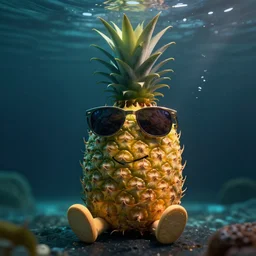 a single delicious pineapple with sunglasses smiling sitting underwater, digital art, concept art, trending on DeviantArt, trending on Artstation, high quality, 8K HDR, octane render, unreal engine 5, path tracing, dramatic lighting, cinematic, highly detailed, hyper realistic, medium shot, super resolution