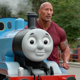 Film still close-up shot of Dwayne Johnson as the Thomas the Tank Engine from the movie Thomas and the Magic Railroad. Photographic, photography