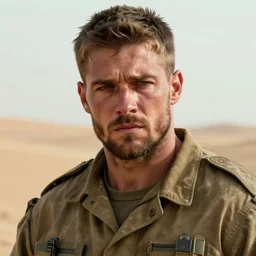 🥺😰 portrait of muscular, tired and alcoholic 3 0 - year - old handsome man with short darkblonde hair, serious sad look in his eyes, dirty beard, blue eyes, crying, wearing dirty soldier uniform, on the desert, hyper realistic face, beautiful eyes, character art, art by mark brooks, hyperdetailed, cryengine, trending on artstation, digital art