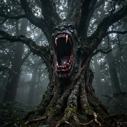 dark forest shrouded in mist, a tree with bloody fanged mouth gaping open fangs visible, face on tree trunk with fangs, forbearing, oppressive, epic composition, digital art, concept art, 4 k, highly detailed