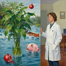 a female pathologist in her apartment, a river flooding inside, plants in glass vase, water, river, rapids, pig, canoe, pomegranate, berries dripping, acrylic on canvas, surrealist, by magritte and monet