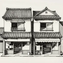old japanese shops by dan mumford and peter doig and edward hopper, symmetrical, minimal, black ink, thick lines highly detailed, muted colours 8 k