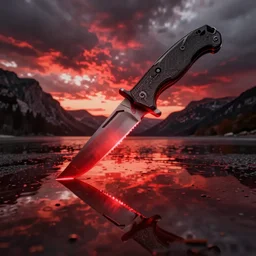tactical knife, glow, reflection, wide angle, red epic