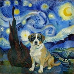 An oil painting of a dog in the style of Starry Night; oil painting by Vincent van Gogh