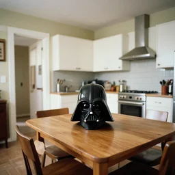 helmet of darth vader put on a table in the kitchen, photography, wide angle, taken from the entrance, regular modern kitchen from 2 0 0 1