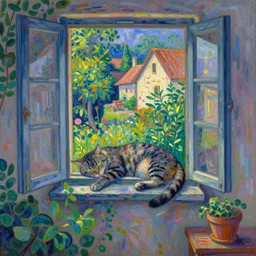 sleeping cat on window, inside house in village, plants, tint colors, romantic vibe, divisionism and pointillism style