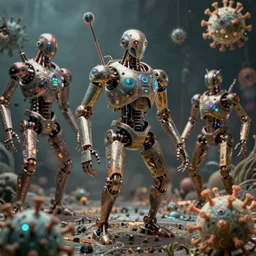 microscopic biological robots, digital virus, cinematic lighting, fantasy, warforged, intricate, highly detailed, lifelike, photorealistic, digital painting, artstation, illustration, concept art, sharp focus, art by john collier and albert aublet and krenz cushart and artem demura and alphonse mucha
