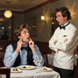 the tallest man in the world gets himself into difficulties in a restaurant and threatens the horrified waiter, painted by norman rockwell and tom lovell and frank schoonover