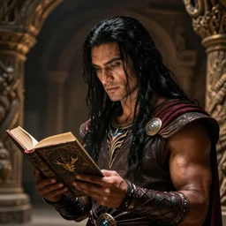 DND character, a man with tan skin and long straight black hair, reading an evil demonic book in an anvient tomb, rogue class warrior class