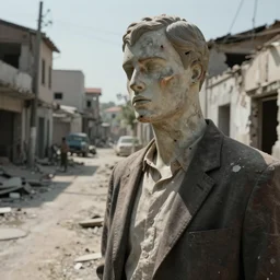 vfx movie scene dilapidated mannequin in war torn street, natural lighting closeup by emmanuel lubezki