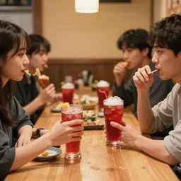 friends at an izakaya. they are drinking a red drink.
