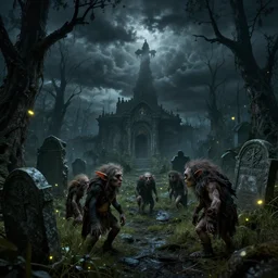 realistic rendering, goblins, crypt in a swamp, gravestones, night, dnd, spooky, stormclouds, fireflies, highly detailed, by jeff easley and larry elmore, 4 k, 5 0 mm, unreal engine, natural light, adobe photoshop
