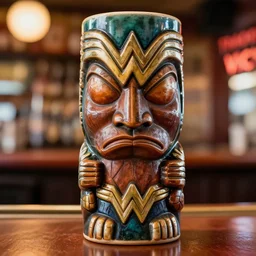 a closeup photorealistic photograph of wonder woman tiki mug at trader vic's bar. brightly lit scene. this 4 k hd image is trending on artstation, featured on behance, well - rendered, extra crisp, features intricate detail, epic composition and the style of unreal engine.