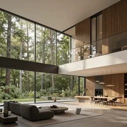 architecture render of interior of a beautiful modern home, large windows with a beautiful view of a forest, realistic, hd, 8 k, digital rendering, unreal engine, blender, octane, maya