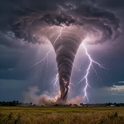 highly detailed realistic photo of giant tornado and lightening strike in open field, vibrant colors, award winning masterpiece photography, hyper realistic, concept art, 8 k detail post - processing