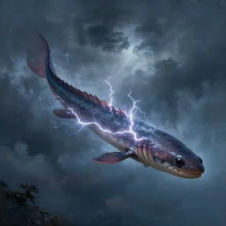 a giant electric eel flying through the stormy sky, lighting arcing across its body, sci-fi painting by simon stålenhag, beautiful lighting, trending on artstation
