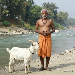 a shirtless brahmin man from nepal, standing next to a river with his goat, one hand on his belly