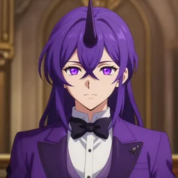 beautiful anime woman with purple hair, a ( ( ( ( ( ( ( ( single horn on forehead ) ) ) ) ) ) ) ) ( ( ( purple eyes ) ) ), a purple tuxedo, sharp focus, intricate, cell shaded, award winning photography, cinematic, digital painting, cinematic, wlop, 8 k, by ross tran, tom bagshaw