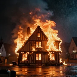 1 9 7 0 s movie still of a heavy burning french style townhouse in a small french village by night rain fog, cinestill 8 0 0 t 3 5 mm, heavy grain, high quality, high detail, dramatic light, anamorphic, flares
