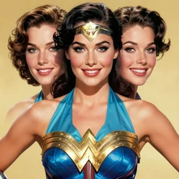 digital art, close-up shot, kodachromatic studio portrait of Wonder Woman in her 20s, double split halter open thigh dress, smiling, looking at viewer,symmetry,face symmetry, in the style of 1950s pinups, illustration by Warren Louw, volumetric aqua and gold lighting background,photorealistic, realistic, ultra detailed, unreal engine, octane render, 8k resolution