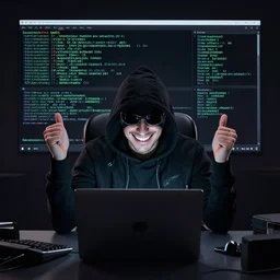 low - fi hacker happy at dark mode terminal
