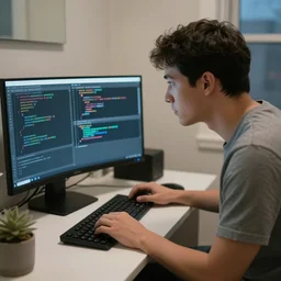 a realistic picture of a software engineer debugging code from his bathroom at 3 in the morning,